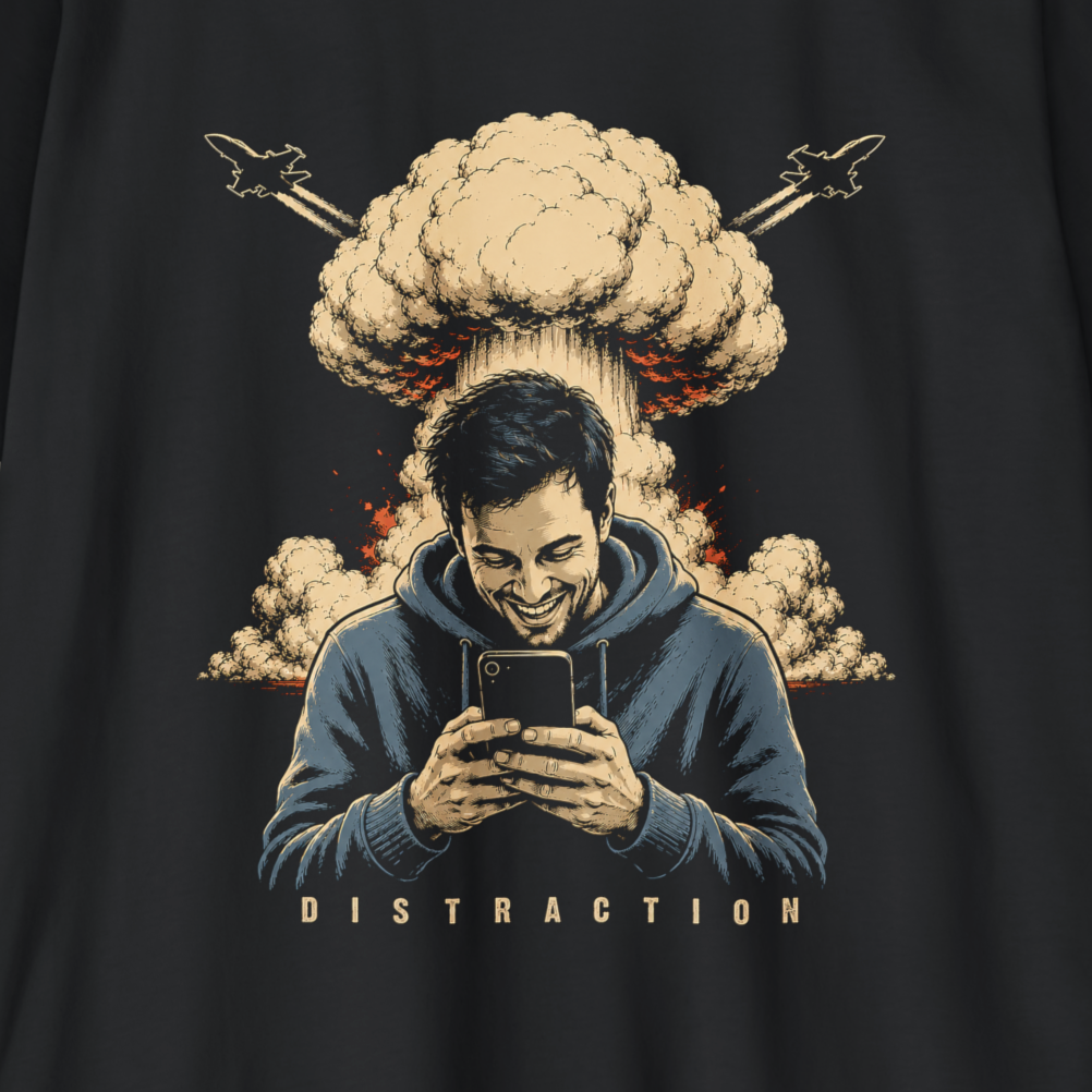A black t-shirt featuring a graphic print of a man in a blue hoodie looking at his phone, with a nuclear explosion cloud and two fighter jets shooting back. The word 'DISTRACTION' is printed below in beige.