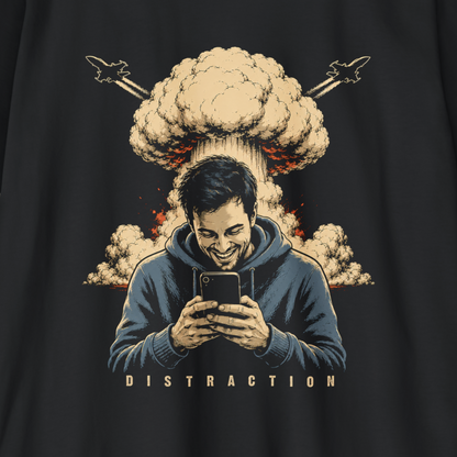 A black t-shirt featuring a graphic print of a man in a blue hoodie looking at his phone, with a nuclear explosion cloud and two fighter jets shooting back. The word 'DISTRACTION' is printed below in beige.