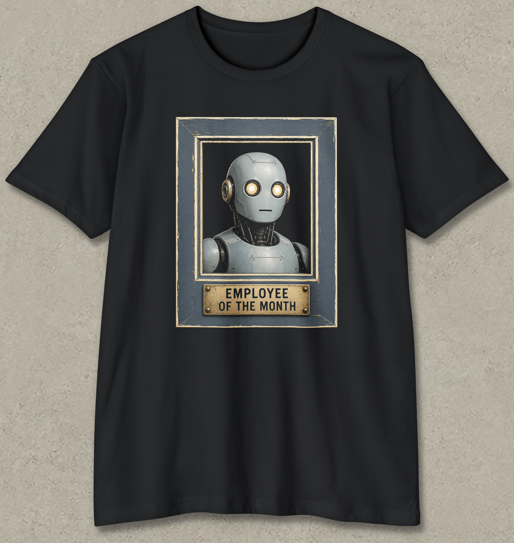A black short-sleeve crewneck t-shirt featuring a graphic print of a silver robot head inside a blue-gray frame with a gold plaque below that reads 'EMPLOYEE OF THE MONTH'.
