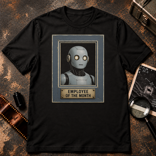 EMPLOYEE OF THE MONTH shirt design featuring a retro blue-gray AI robot portrait inside a vintage office award frame with an Employee of the Month plaque.
