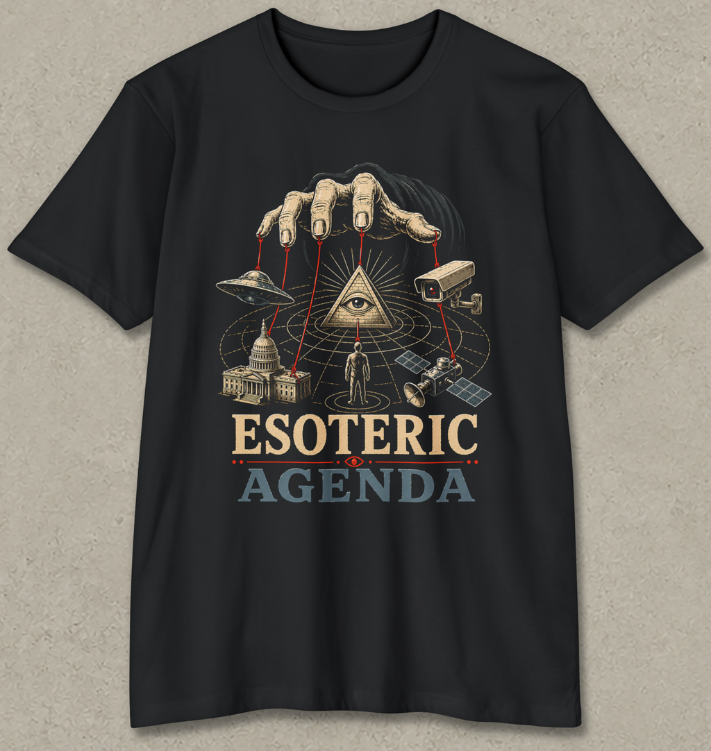 A black short-sleeve t-shirt with a detailed graphic print on the front. The graphic features a hand puppet controlling a globe with various esoteric symbols like an eye in a pyramid, a satellite, a camera, and a miniature capitol building, with the text 'ESOTERIC AGENDA' printed below in beige and muted blue.