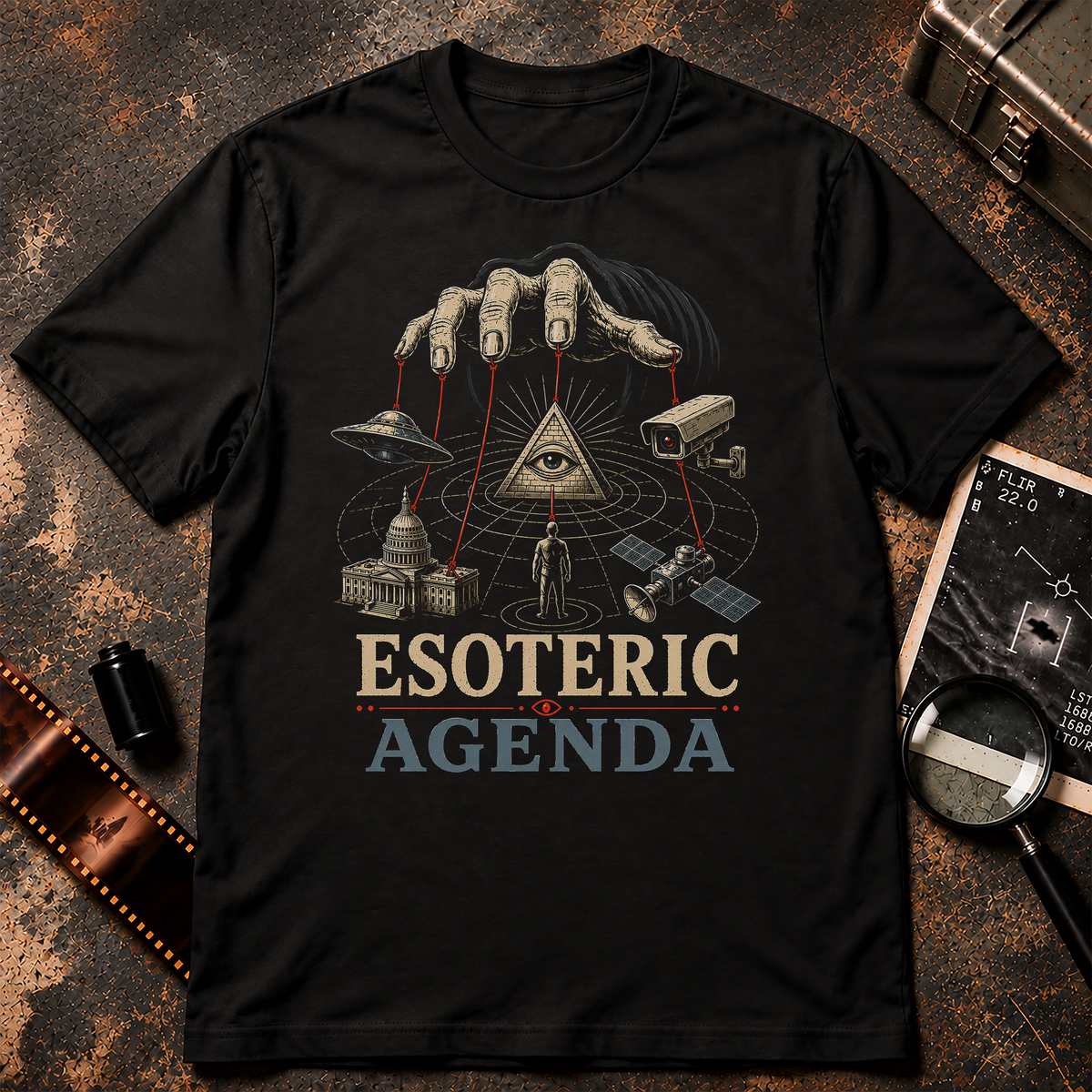 ESOTERIC AGENDA shirt graphic featuring a giant hand controlling red strings connected to a UFO, government building, surveillance camera, satellite, person, and all-seeing eye pyramid.