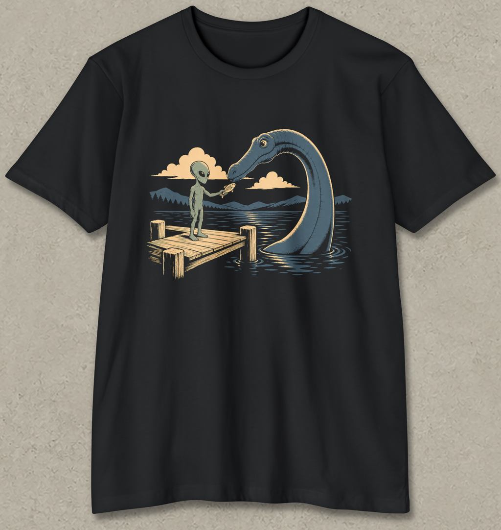 A black short-sleeve crewneck t-shirt with a graphic print of a green alien standing on a wooden dock facing a large blue prehistoric dinosaur, set against a textured gray background.