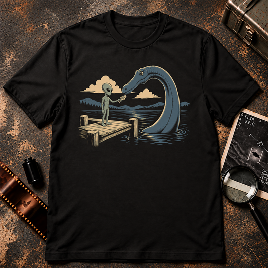 Feeding Time shirt design featuring a grey alien on a dock offering a fish to a Loch Ness-style lake monster, with mountains and water in the background.
