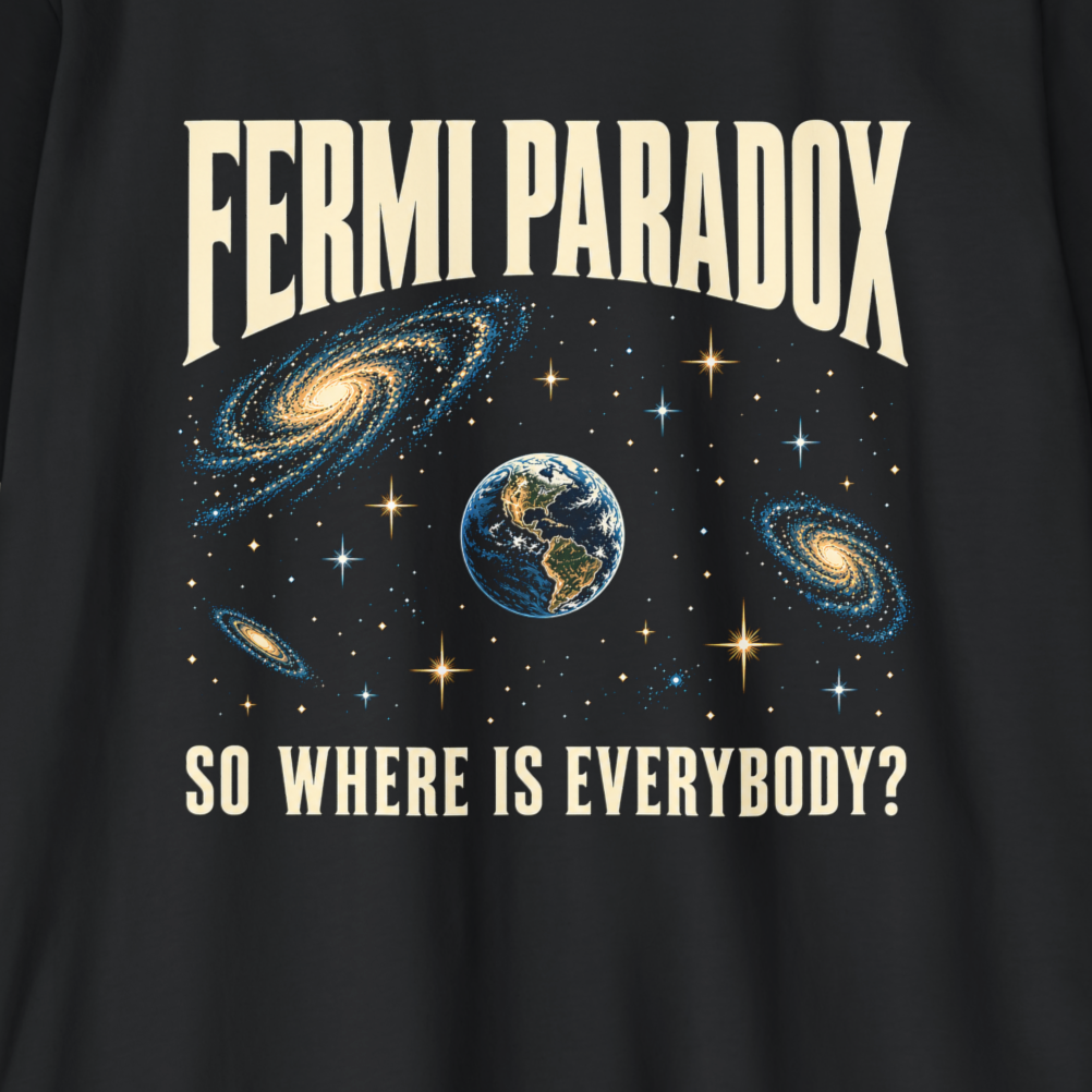A close-up of a black graphic t-shirt featuring the text 'FERMI PARADOX' and 'SO WHERE IS EVERYBODY?' in cream lettering, with a central illustration of a galaxy, Earth, and stars.