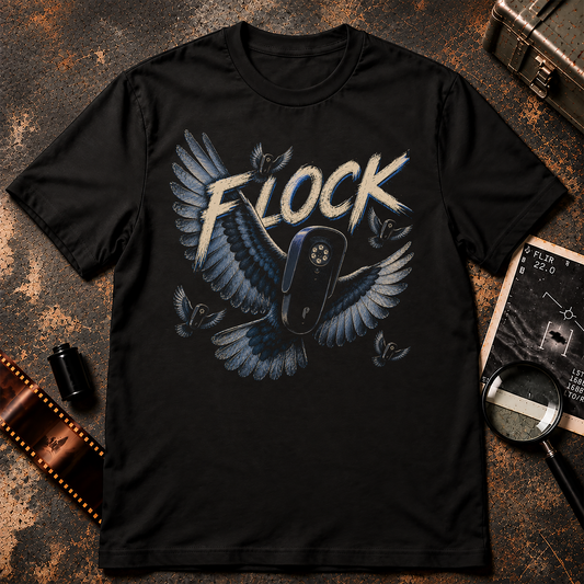 FLOCK shirt design featuring surveillance cameras with large mechanical bird wings flying together against a black background.