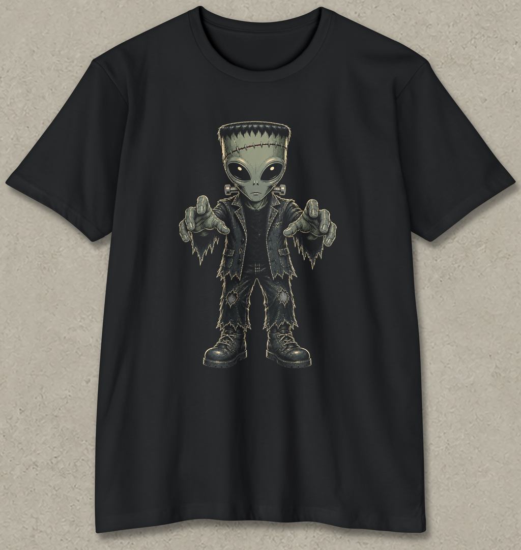 A black short-sleeve crewneck t-shirt featuring a graphic of a Frankenstein's monster-like alien with large eyes, pointing forward, displayed against a textured gray background.
