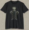 A black short-sleeve crewneck t-shirt featuring a graphic of a Frankenstein's monster-like alien with large eyes, pointing forward, displayed against a textured gray background.
