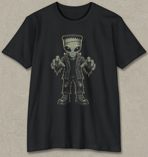 A black short-sleeve crewneck t-shirt featuring a graphic of a Frankenstein's monster-like alien with large eyes, pointing forward, displayed against a textured gray background.