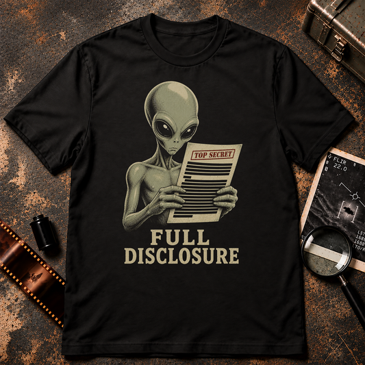 FULL DISCLOSURE shirt design featuring a grey alien reading a heavily redacted TOP SECRET government document in a retro vintage illustration.