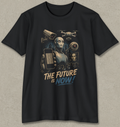 A black short-sleeve crewneck t-shirt with a graphic print of a robot holding a smartphone, surrounded by surveillance cameras and drones, with the text 'THE FUTURE IS NOW!' in beige and blue lettering, displayed on a textured gray background.