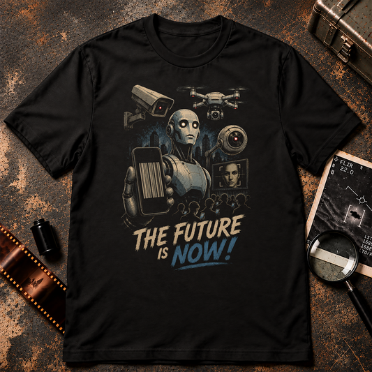 THE FUTURE IS NOW shirt design featuring an AI robot holding a smartphone barcode surrounded by surveillance cameras, drones, facial recognition technology, and people using phones.