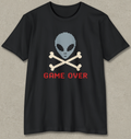 A black short-sleeve t-shirt with a pixel-art graphic of a gray alien skull and crossbones above the red text 'GAME OVER' on a textured gray background.