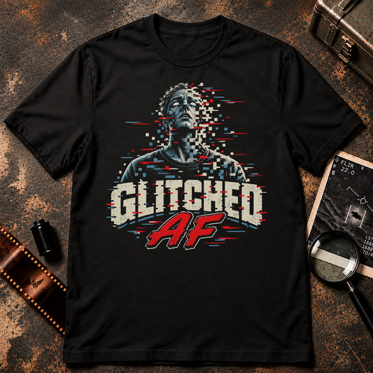Glitched AF Shirt graphic featuring a human figure breaking into digital pixels with red and blue glitch effects