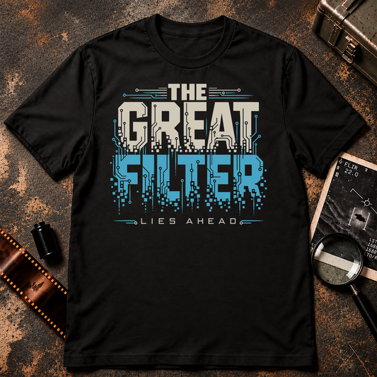 Great Filter Shirt graphic with cream and blue futuristic lettering, circuit-board patterns, digital fragmentation, and Lies Ahead text on black.