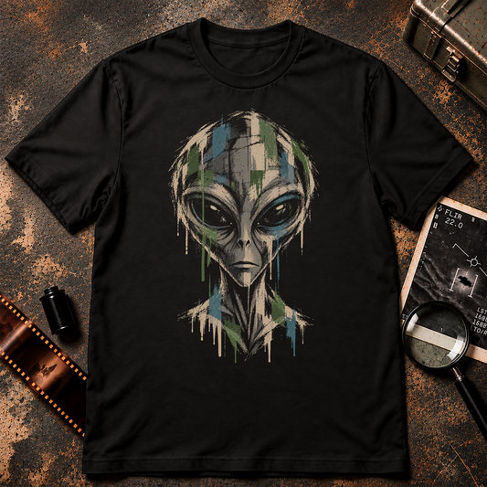 Grey Alien Grunge T-Shirt graphic featuring a front-facing Grey alien with oversized black eyes, distressed cream brushstrokes, muted green and dusty blue paint drips, and a black background.