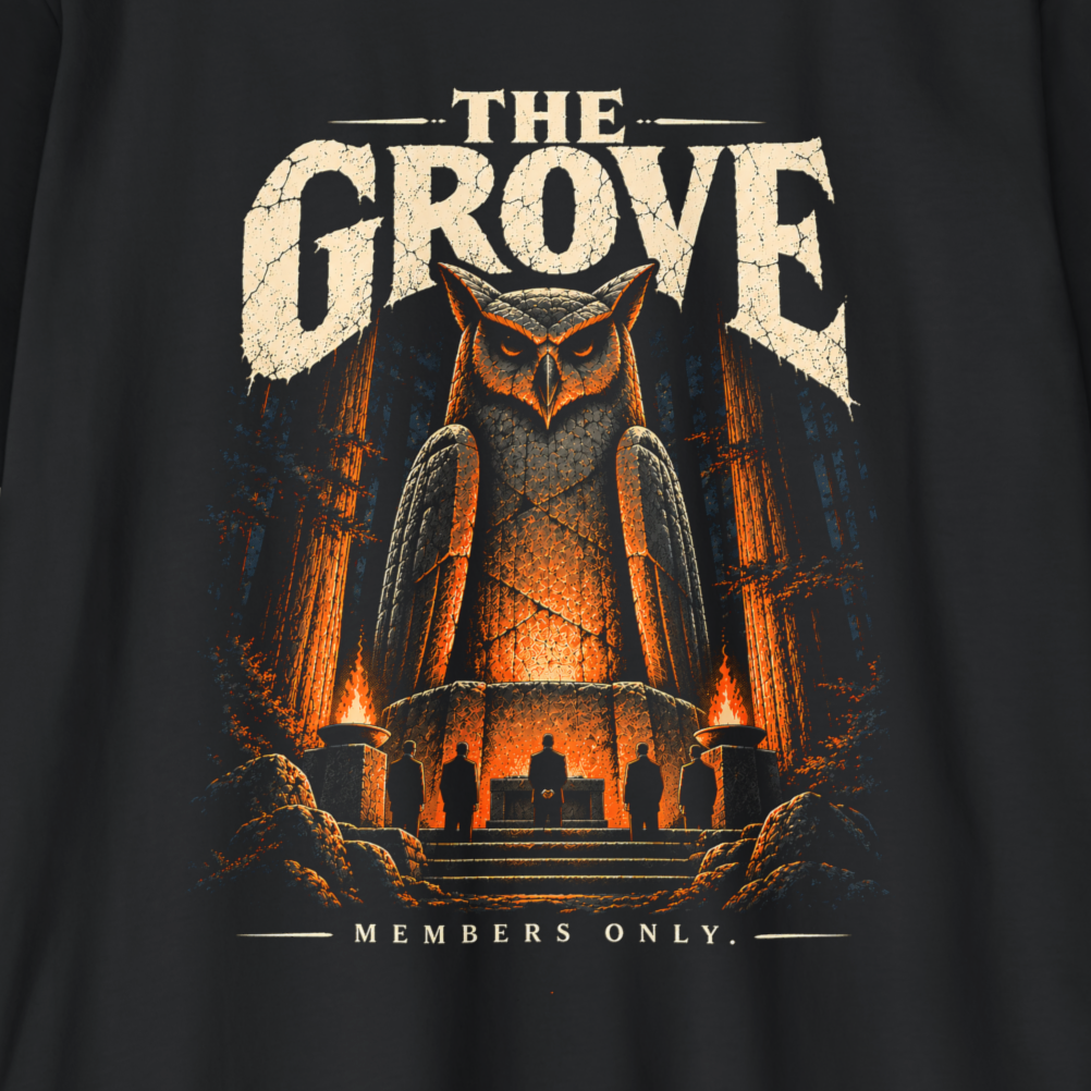 A close-up of a black graphic t-shirt featuring a detailed print of a giant owl in a dark forest with the text 'THE GROVE' and 'MEMBERS ONLY.'.