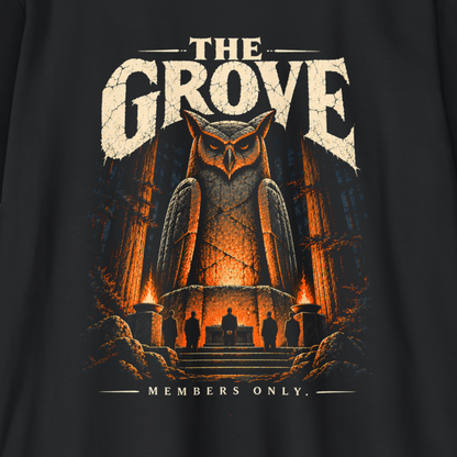 A close-up of a black graphic t-shirt featuring a detailed print of a giant owl in a dark forest with the text 'THE GROVE' and 'MEMBERS ONLY.'.