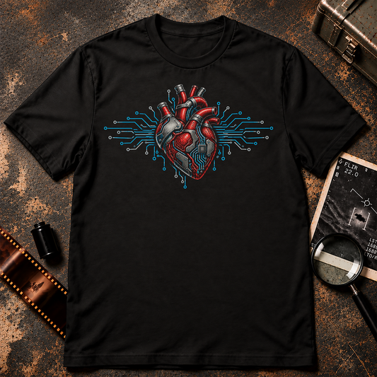 Cybernetic Heart T-Shirt design featuring a detailed red anatomical human heart fused with silver mechanical components, microchips, and glowing blue circuitry extending outward in multiple directions against a black background.