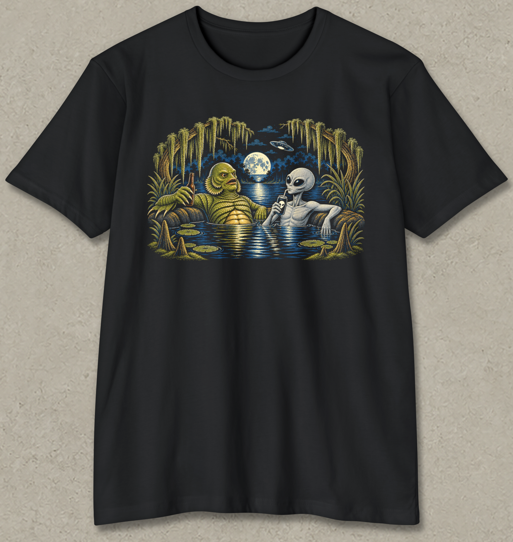A black short-sleeve crewneck t-shirt with a colorful graphic print on the chest showing a yellow-green alien and a white skeleton in a swampy, moonlit landscape.