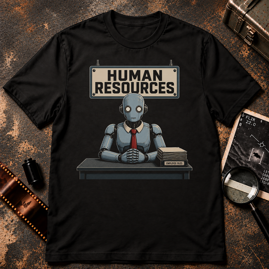 HUMAN RESOURCES shirt graphic featuring a blue-gray AI robot wearing a red necktie and sitting behind a desk beneath a Human Resources sign with a stack of employee files.