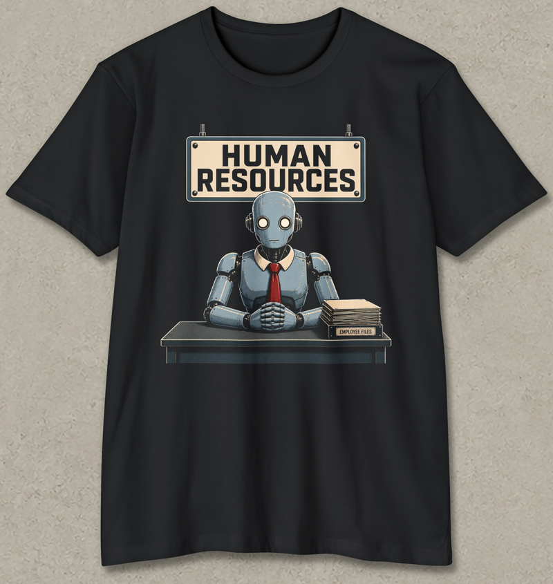 A black short-sleeve t-shirt with a graphic print of a blue robot sitting at a desk under a sign that reads 'HUMAN RESOURCES'.