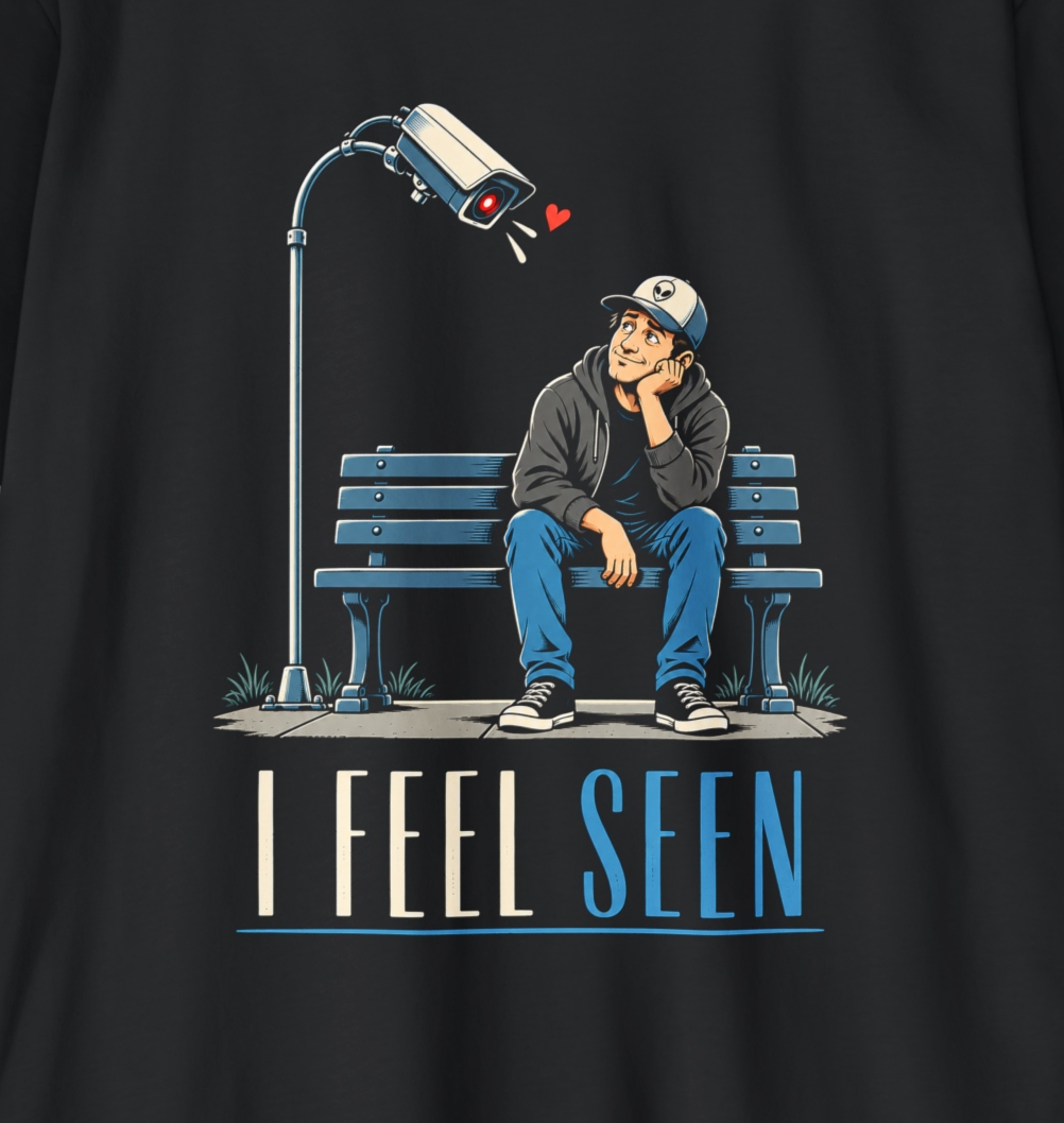 I FEEL SEEN shirt design featuring a man sitting on a park bench gazing affectionately at a surveillance camera leaning toward him with a red heart.
