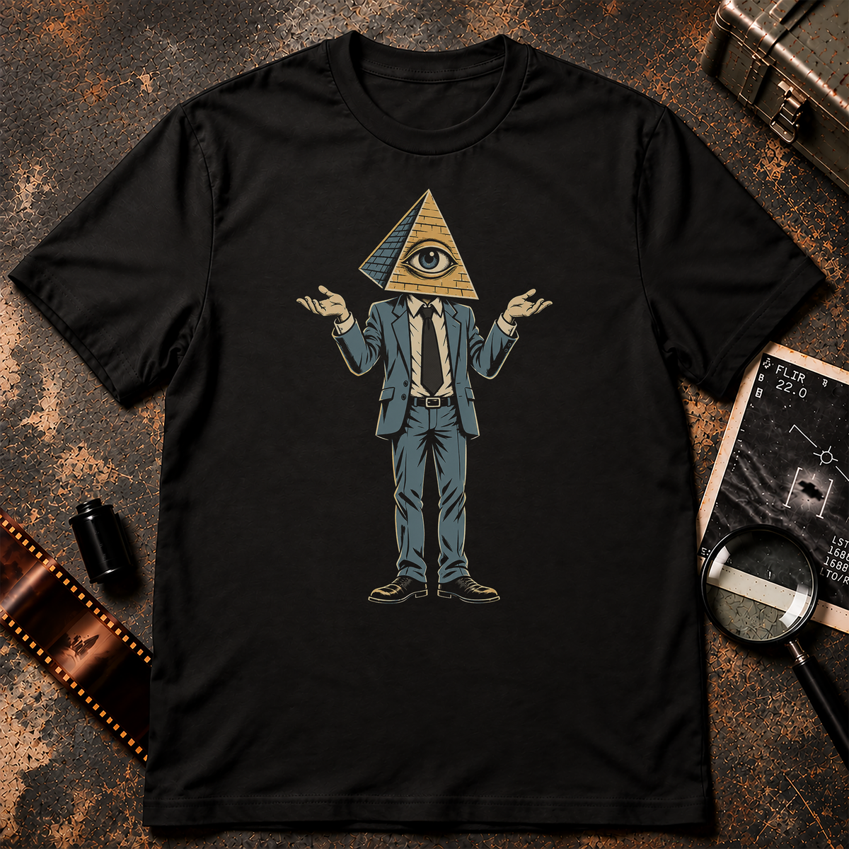 Illuminati shirt graphic featuring a suited pyramid-headed figure with an all-seeing eye shrugging with both hands raised