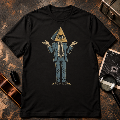 Illuminati shirt graphic featuring a suited pyramid-headed figure with an all-seeing eye shrugging with both hands raised