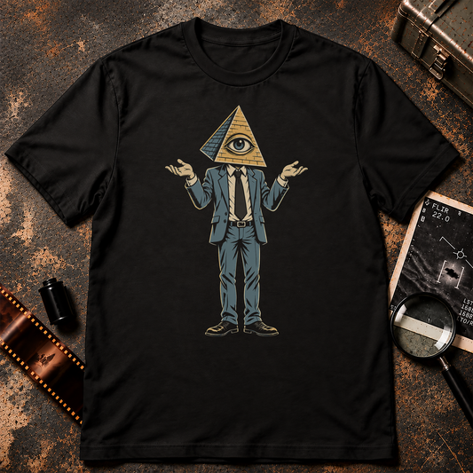 Illuminati shirt graphic featuring a suited pyramid-headed figure with an all-seeing eye shrugging with both hands raised