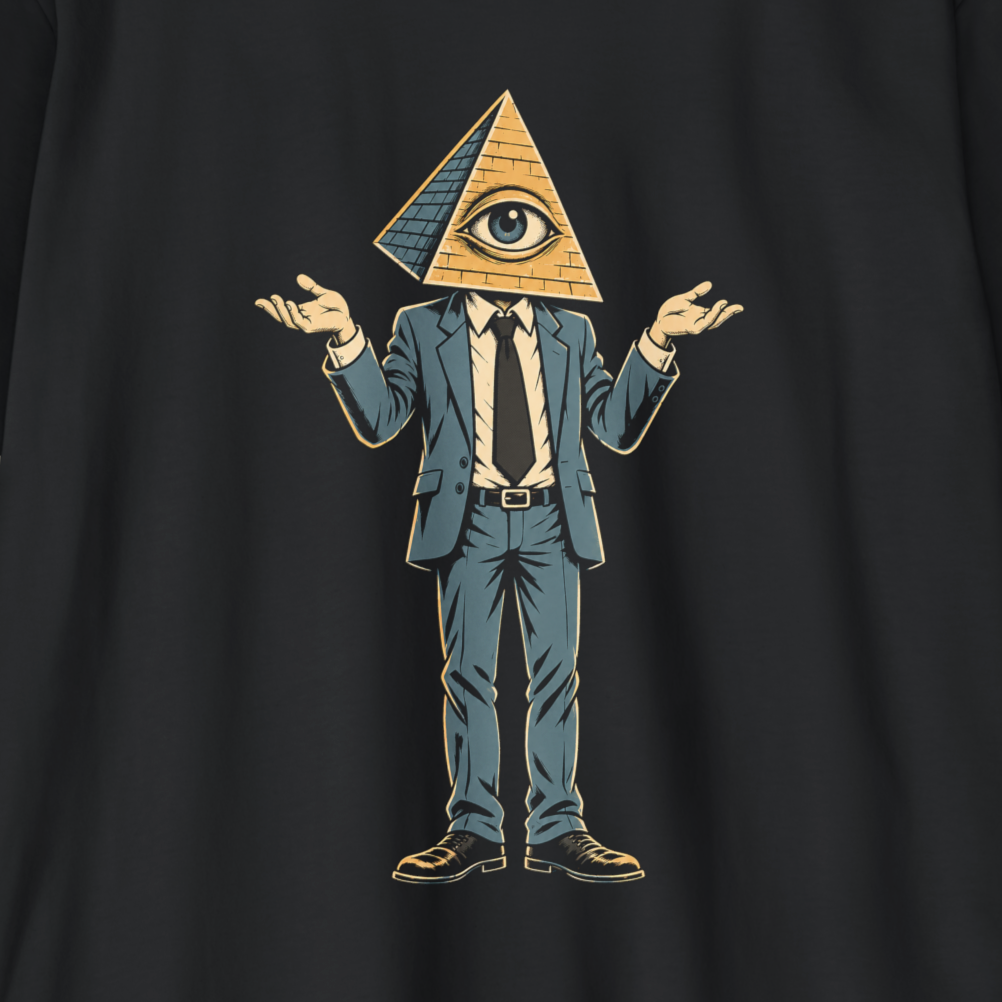 A black t-shirt featuring a graphic print of a man in a blue suit and tie with an all-seeing eye pyramid head, set against a dark background.