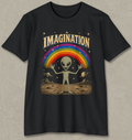 A black short-sleeve t-shirt with a retro-style graphic on the front. The graphic features the word 'IMAGINATION' in a gold-colored arched font above a classic rainbow, a light green alien standing on a dusty surface, and small planets in a starry black sky.