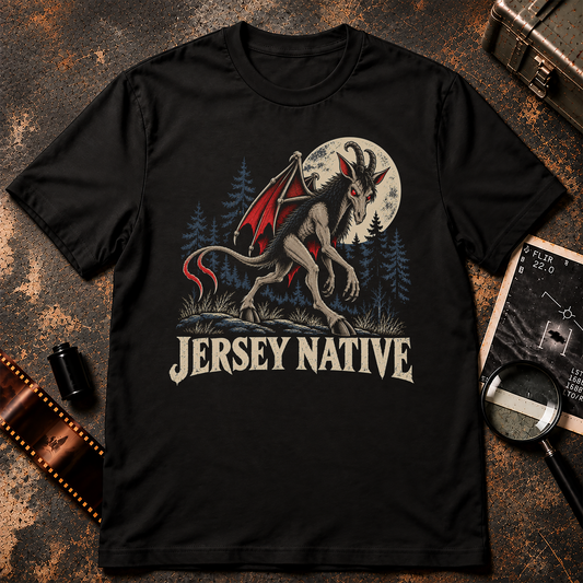 Jersey Devil shirt graphic with winged Jersey Devil, New Jersey silhouette, red sunset, and Jersey Native text