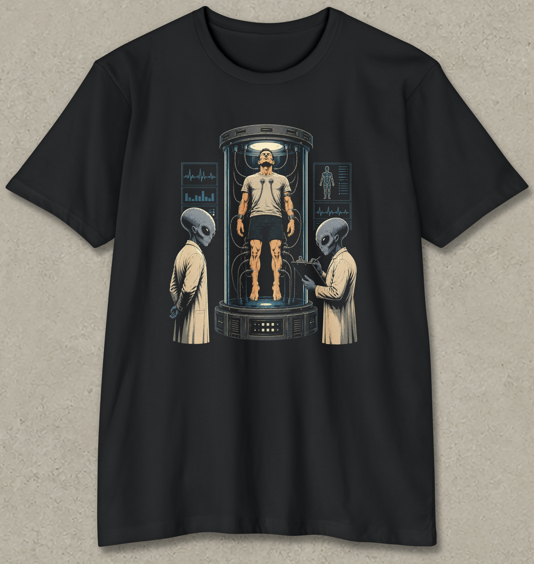 A black short-sleeve crewneck t-shirt with a detailed sci-fi graphic print on the front, featuring a man inside a futuristic glass pod flanked by two aliens, displayed against a textured gray background.
