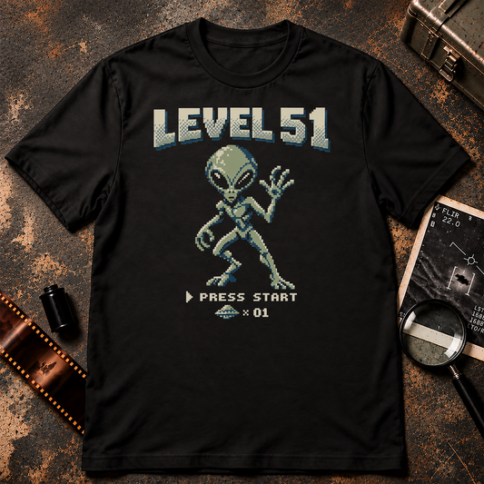 Level 51 Alien Shirt with retro pixel grey alien, Press Start text and UFO arcade icon