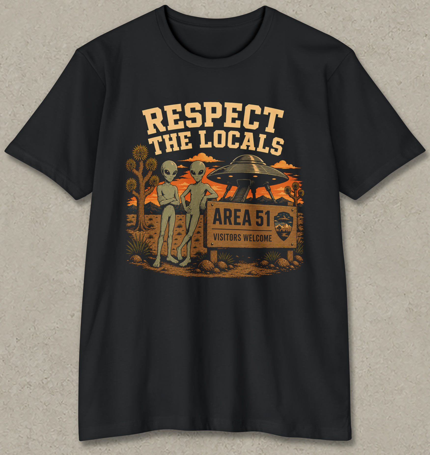 A black short-sleeve crewneck t-shirt with a retro-style graphic on the front. The graphic features two green aliens standing next to a wooden sign that reads 'AREA 51 VISITORS WELCOME' under a sign reading 'RESPECT THE LOCALS'.