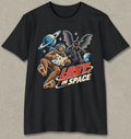 A black short-sleeve crewneck t-shirt featuring a retro-style graphic of a brown ape astronaut floating in space with a ringed planet, a winged creature, and the text 'LOST IN SPACE'.