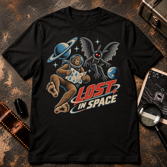 Lost in Space shirt design featuring Bigfoot and Mothman floating in outer space wearing astronaut gear while Bigfoot holds a map.