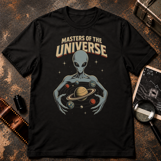 Retro sci-fi illustration of a large grey alien holding a planetary system in its hands beneath the words MASTERS OF THE UNIVERSE.