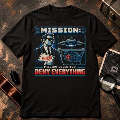 Deny Everything Shirt with retro pixel government agent, classified file, UFO and secret mission screen