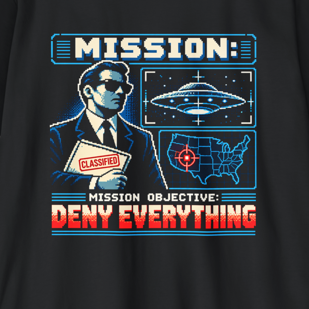 A close-up of a black graphic t-shirt featuring a retro 8-bit pixel art design. The design depicts a man in a suit holding a 'CLASSIFIED' folder next to a UFO and a US map with a red target, with text reading 'MISSION: DENY EVERYTHING'.