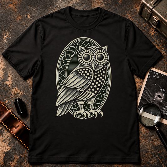 The Watchful Owl graphic t-shirt design featuring a stylized cream and dark green owl with large circular eyes, engraved feathers, and prominent talons against an intricate oval guilloche pattern inspired by vintage currency engraving on a black background.