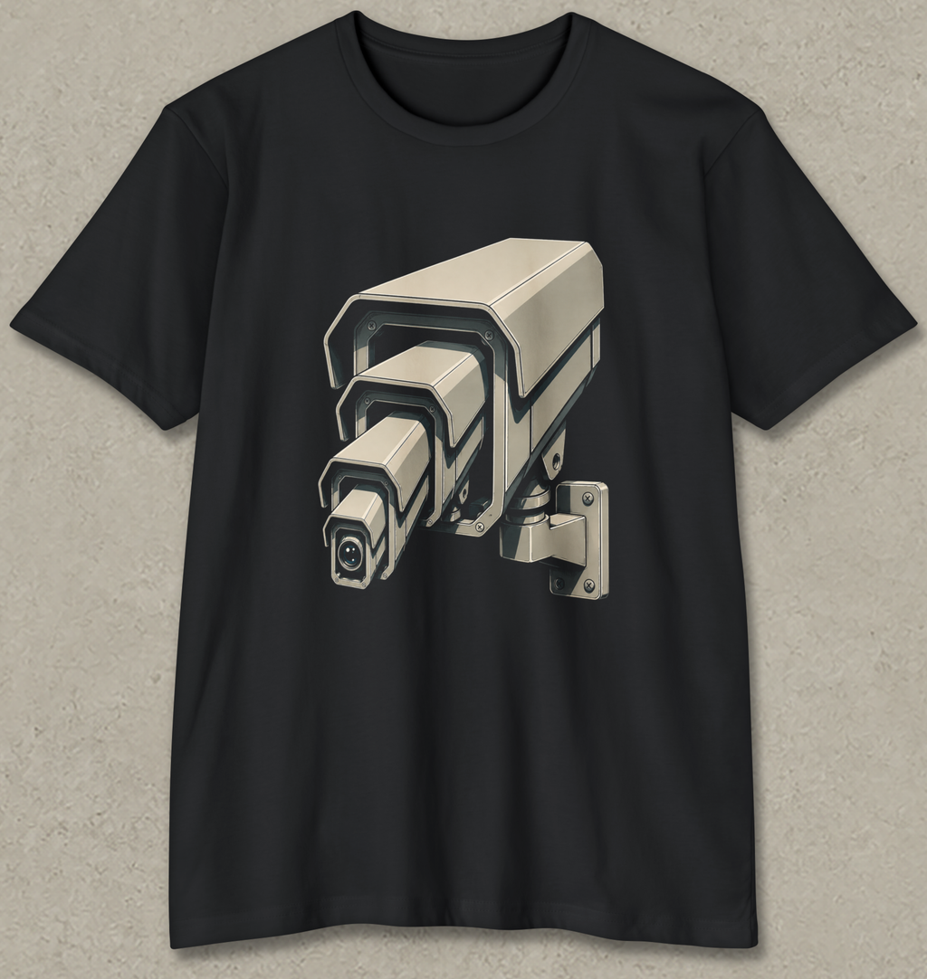 A black short-sleeve crewneck t-shirt featuring a detailed graphic of a security camera in beige and gray tones on the front, displayed against a textured gray background.