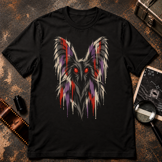 Abstract Mothman shirt graphic with glowing red eyes, dark wings and distressed red, purple, cream and gray brushstrokes