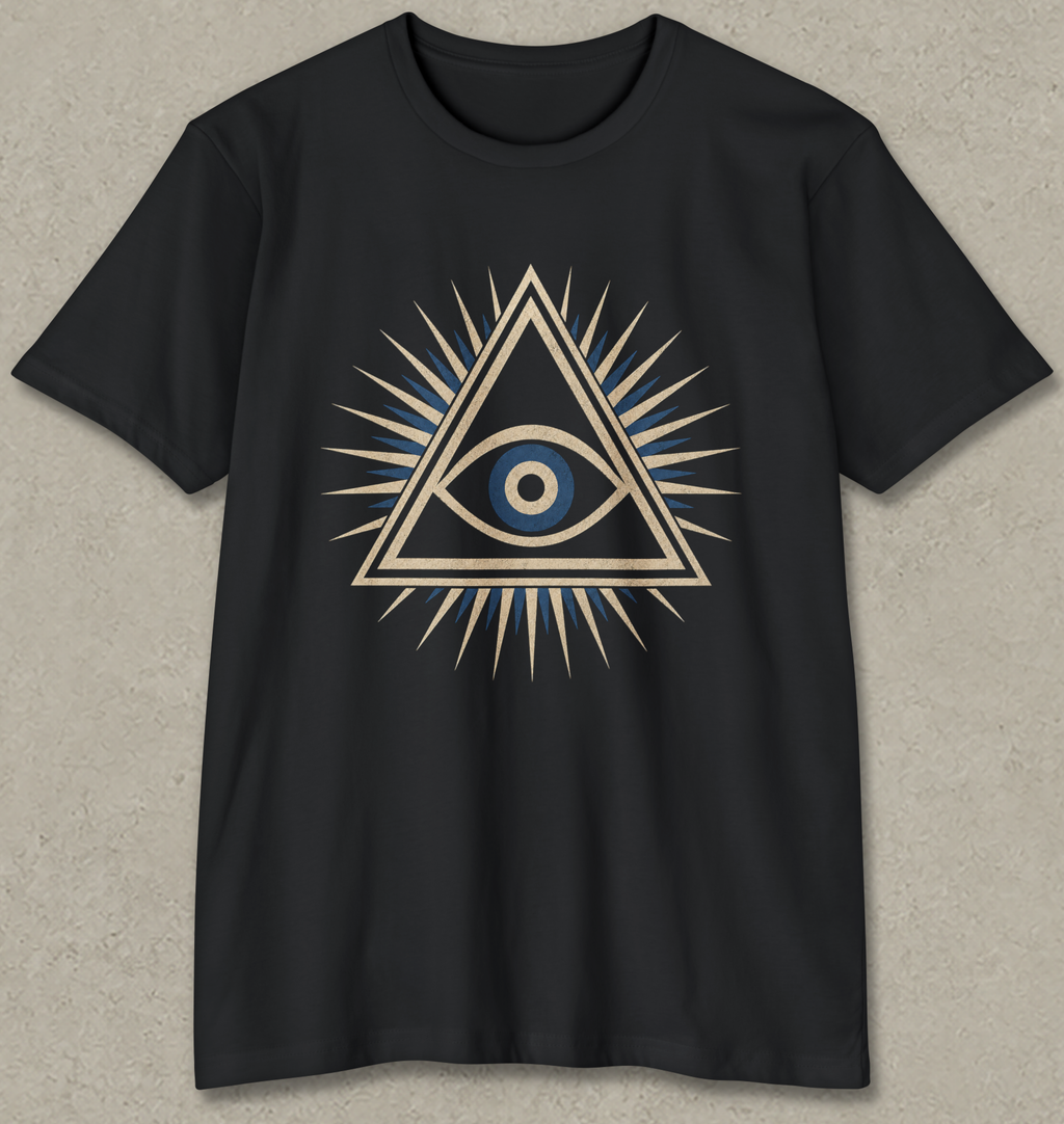 A black short-sleeve crewneck t-shirt featuring a central graphic of an all-seeing eye inside a triangle with radiating spikes, detailed in gold, blue, and white, displayed against a textured gray background.