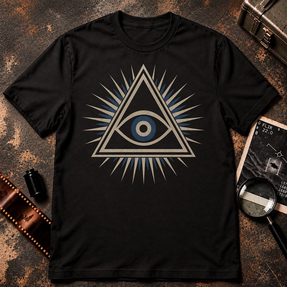 Conspiracy-inspired graphic featuring a stylized all-seeing eye with a blue-grey iris centered inside a large cream triangular outline, surrounded by alternating cream and blue-grey radiating rays against a black background.