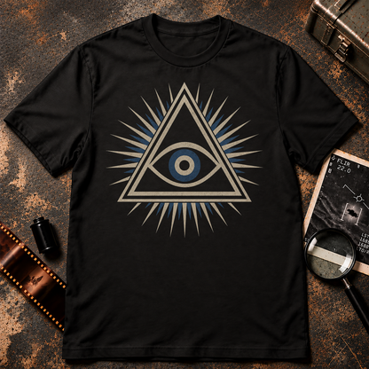 Conspiracy-inspired graphic featuring a stylized all-seeing eye with a blue-grey iris centered inside a large cream triangular outline, surrounded by alternating cream and blue-grey radiating rays against a black background.