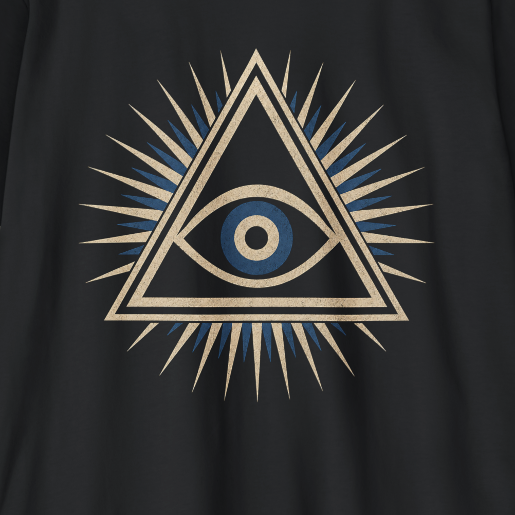 A close-up of a black garment featuring a large central graphic of an all-seeing eye inside a triangle with radiating spikes, in beige and blue.