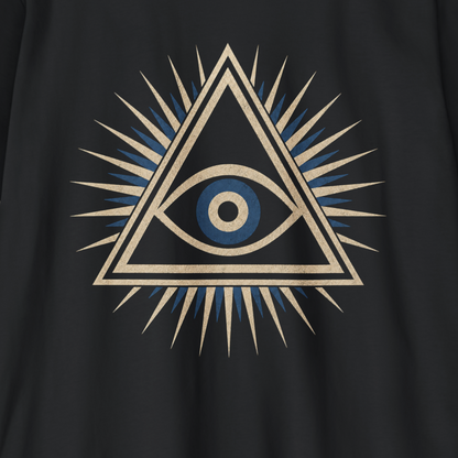 A close-up of a black garment featuring a large central graphic of an all-seeing eye inside a triangle with radiating spikes, in beige and blue.