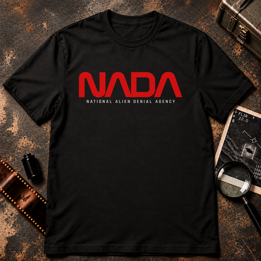 Red NADA logo with National Alien Denial Agency underneath on a black background, a retro space-agency parody by Official Narrative.